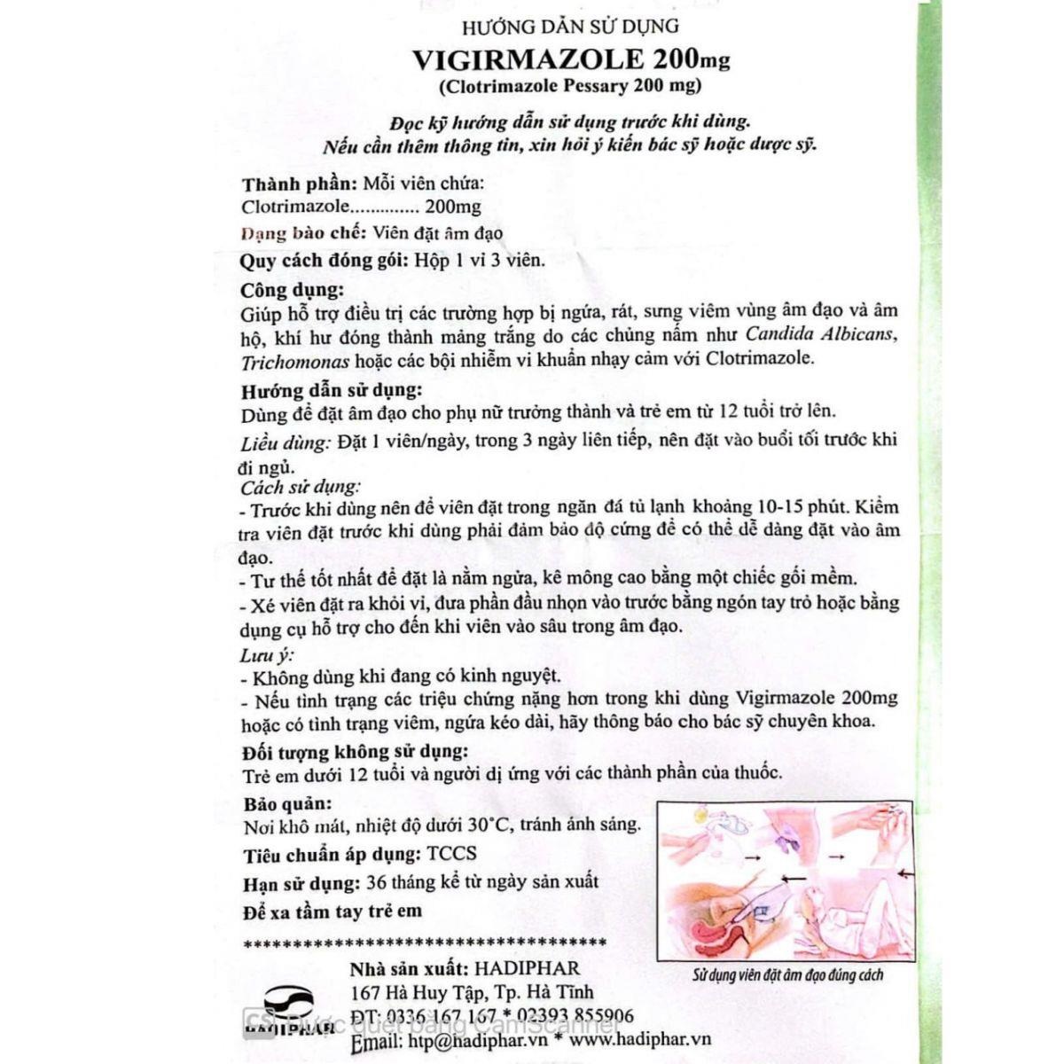 Thuốc Vigrimazole Clotrimazole Pessaries 200mg hỗ trợ điều trị viêm âm đạo do nấm Candida