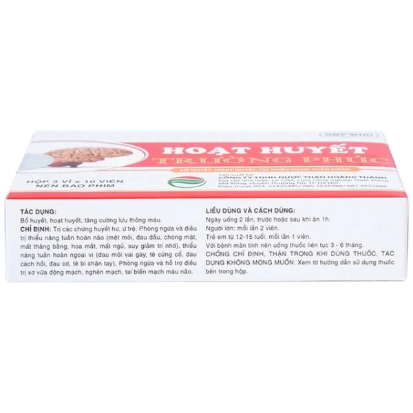 Thuốc bổ huyết, hoạt huyết, trị thiểu năng tuần hoàn Hoạt Huyết Trường Phúc (Hộp 3 vỉ x 10 viên)