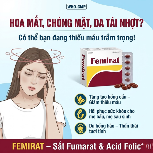 Thuốc Femirat điều trị và dự phòng thiếu sắt, acid folic (Hộp 10 vỉ x 10 viên)