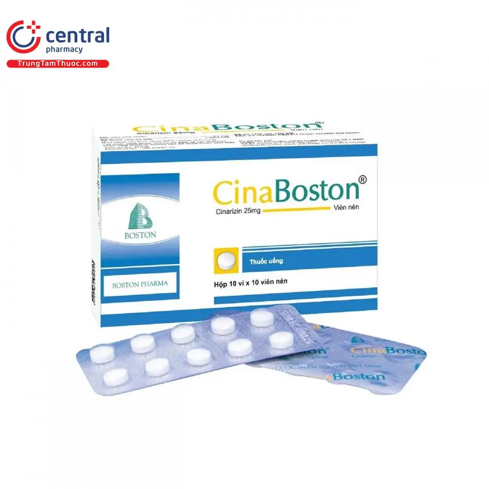 CinaBoston 25mg điều trị say tàu xe và các rối loạn mạch máu não, rối loạn mạch máu ngoại vi