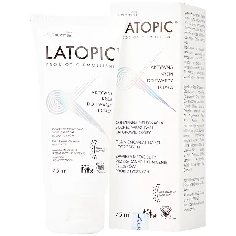 Kem bôi Latopic Probiotic Emollient Active Face and Body Cream dưỡng ẩm, dịu ngứa cho da dị ứng/kích ứng (75ml)