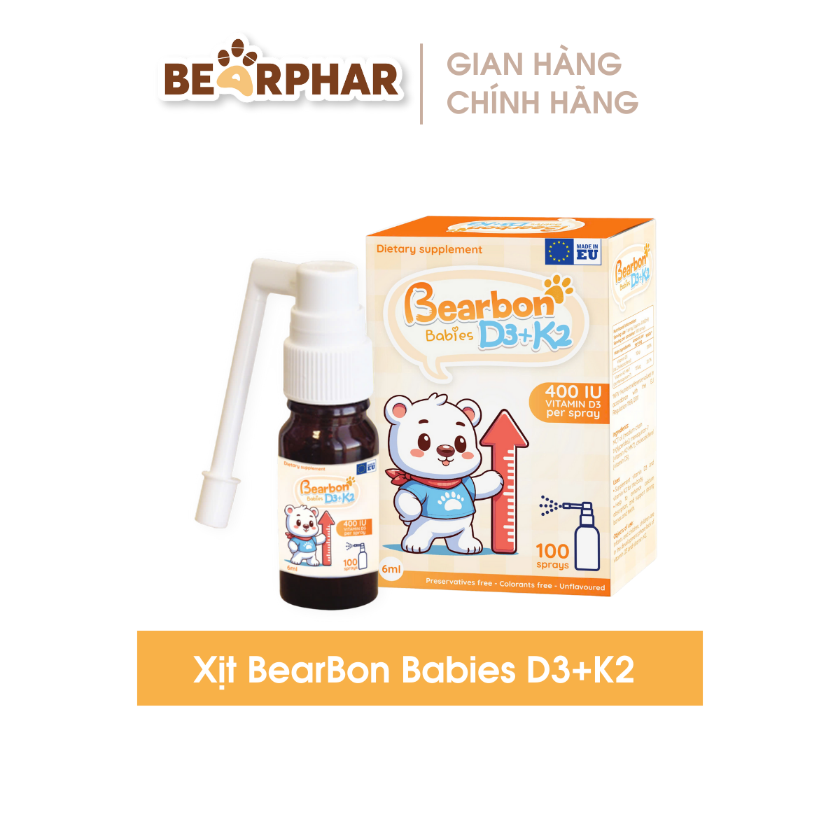 Xịt D3K2 cho bé Bearbon Babies D3 +K2 giúp bổ sung vitamin D3 và vitamin K2 cho cơ thể